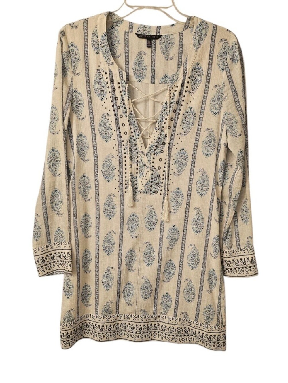Boho Lace-Up Cover Up Dress with Blue Paisley Print